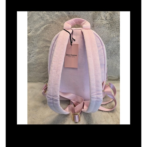Juicy Couture Pink Velour Mini Backpack NWT Rhinestone Logo Heart Charm Small - Picture 2 of 8